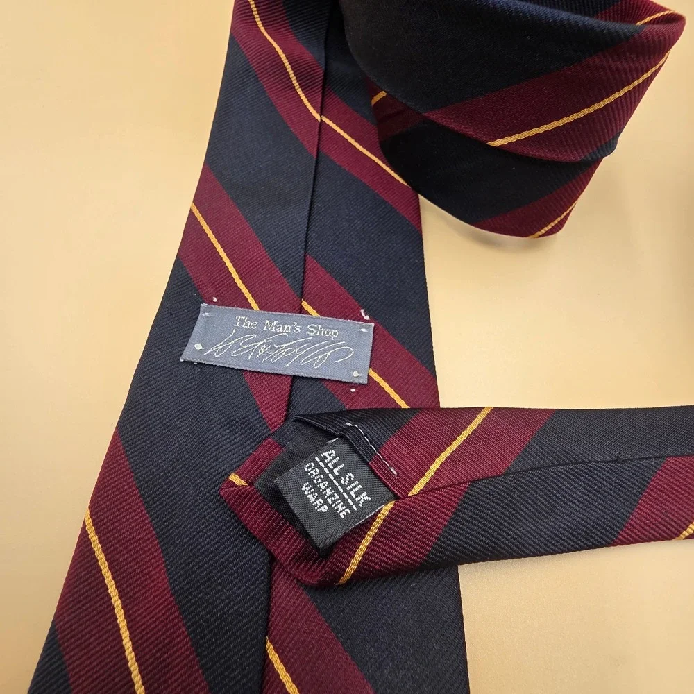 The Mans Shop Silk Regimental Stripe Tie Navy Burgundy Gold Organzine Warp Mens
